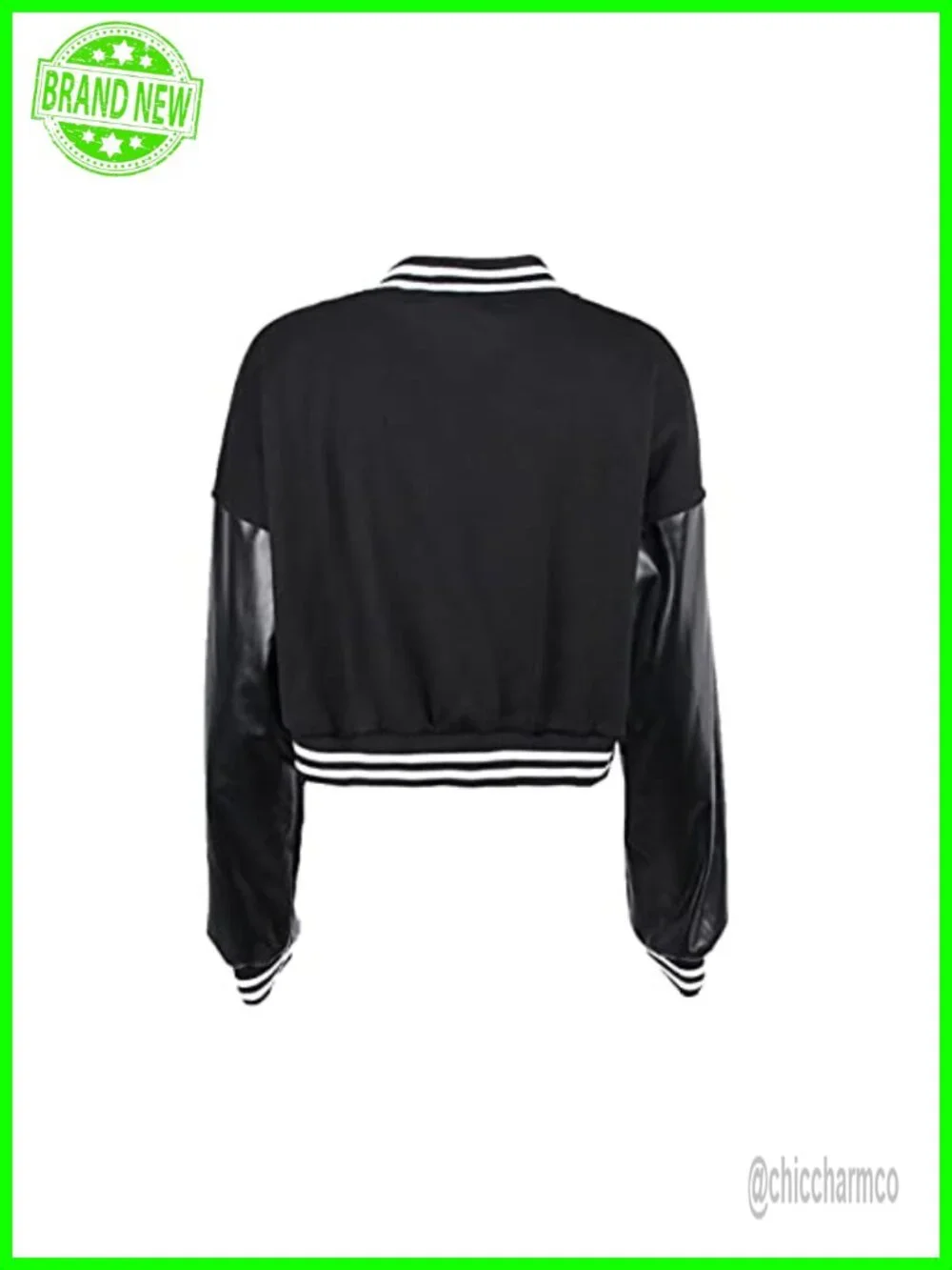 Women Color Block Crop Fleece Baseball Jacket Button Down Bomber Coat